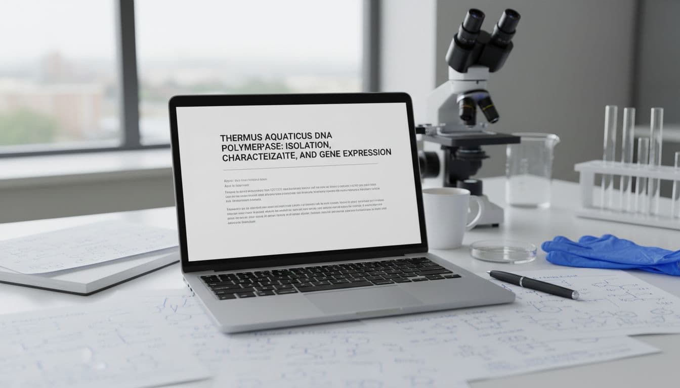 Close-up of research desk with laptop screen showing CSE-formatted title, scattered notes, and background microscope.