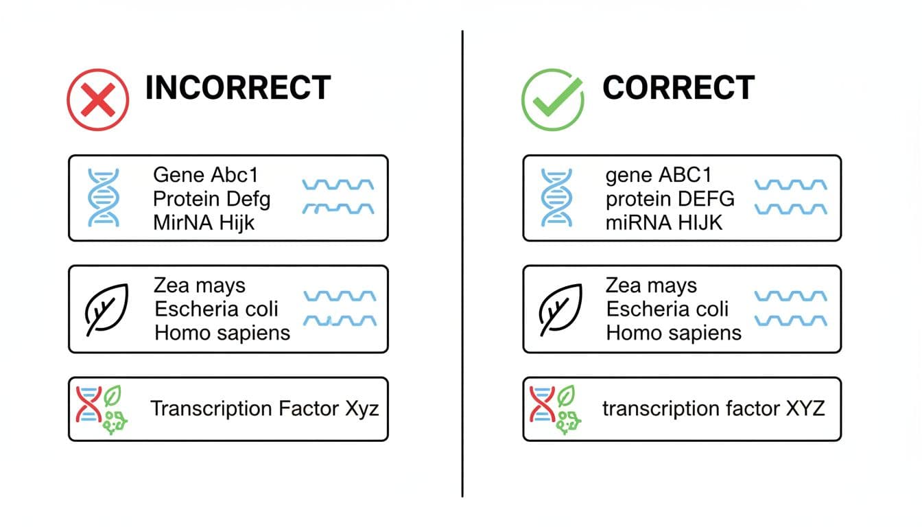 Split infographic compares incorrect and correct CSE title case for biology terms like gene names and species, featuring DNA helix and leaf icons on white background.