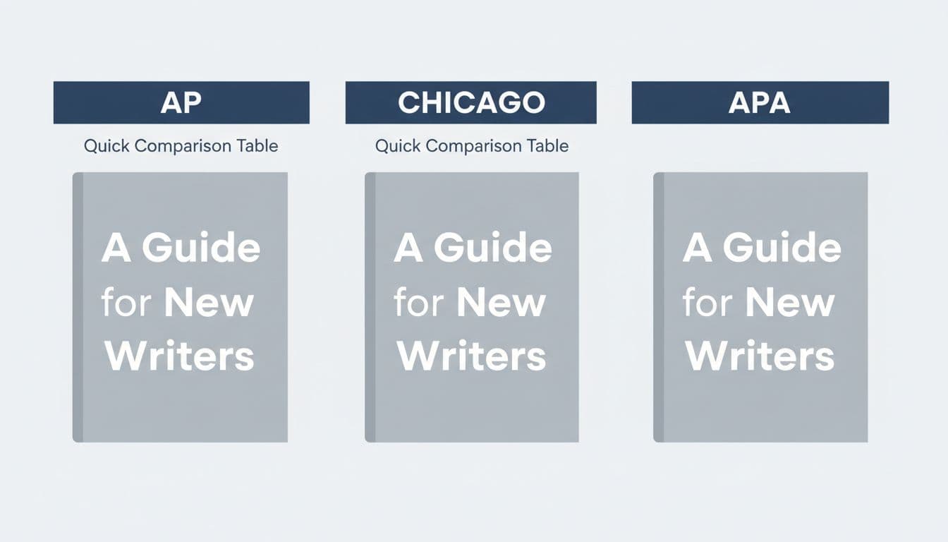 Clean infographic with three columns for AP, Chicago, and APA styles, each displaying 'A Guide for New Writers' with 'for' lowercase in a modern flat design using neutral blue-gray tones.