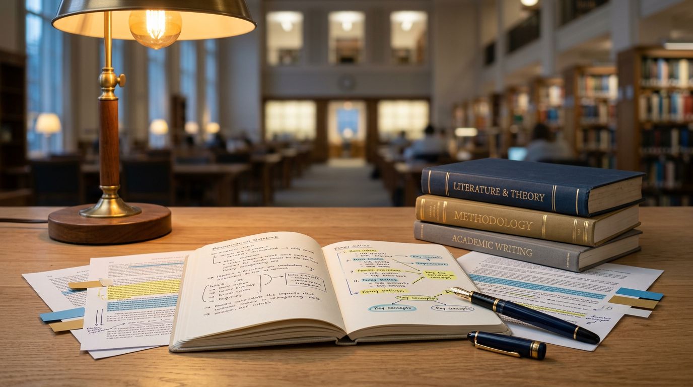 Open notebook, books, highlighted papers, and a fountain pen on a warmly lit desk.