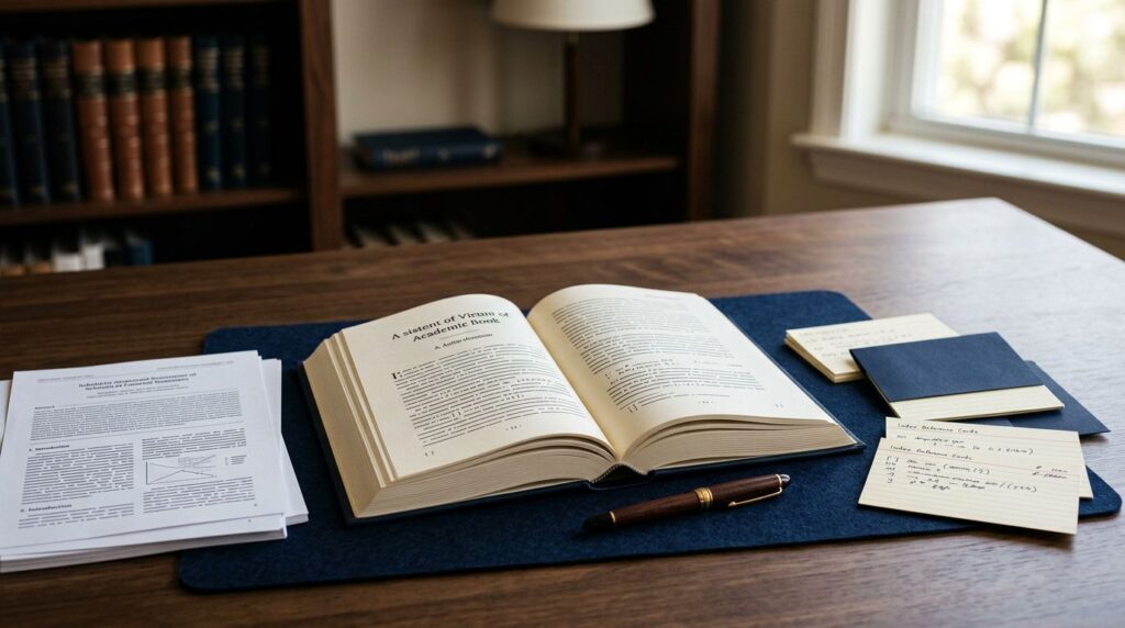 Open academic book, journal pages, reference cards, and a fountain pen on a warmly lit desk.