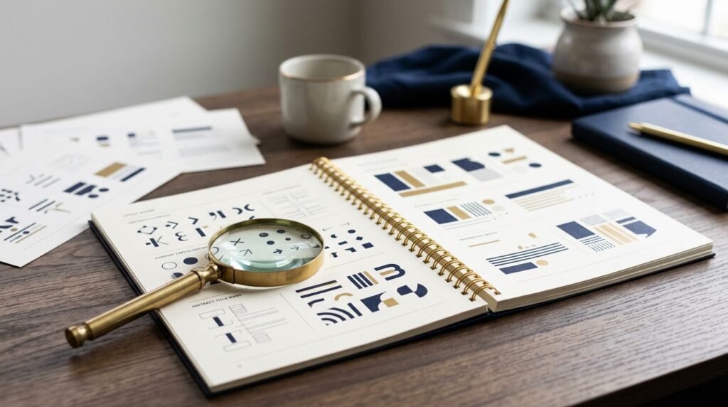 Open style guide and magnifying glass on a desk with abstract title layouts.