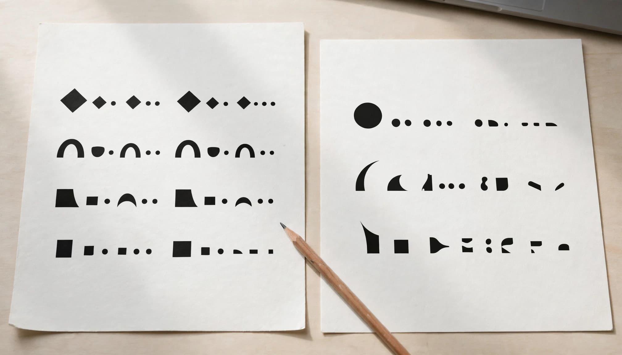 Two marked pages lie beside a pencil, with a laptop edge in the background.