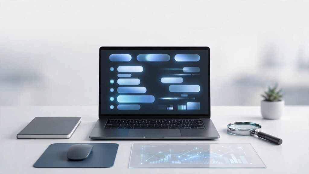 A laptop surrounded by abstract search cards, browser tabs, title blocks, and a magnifying glass.