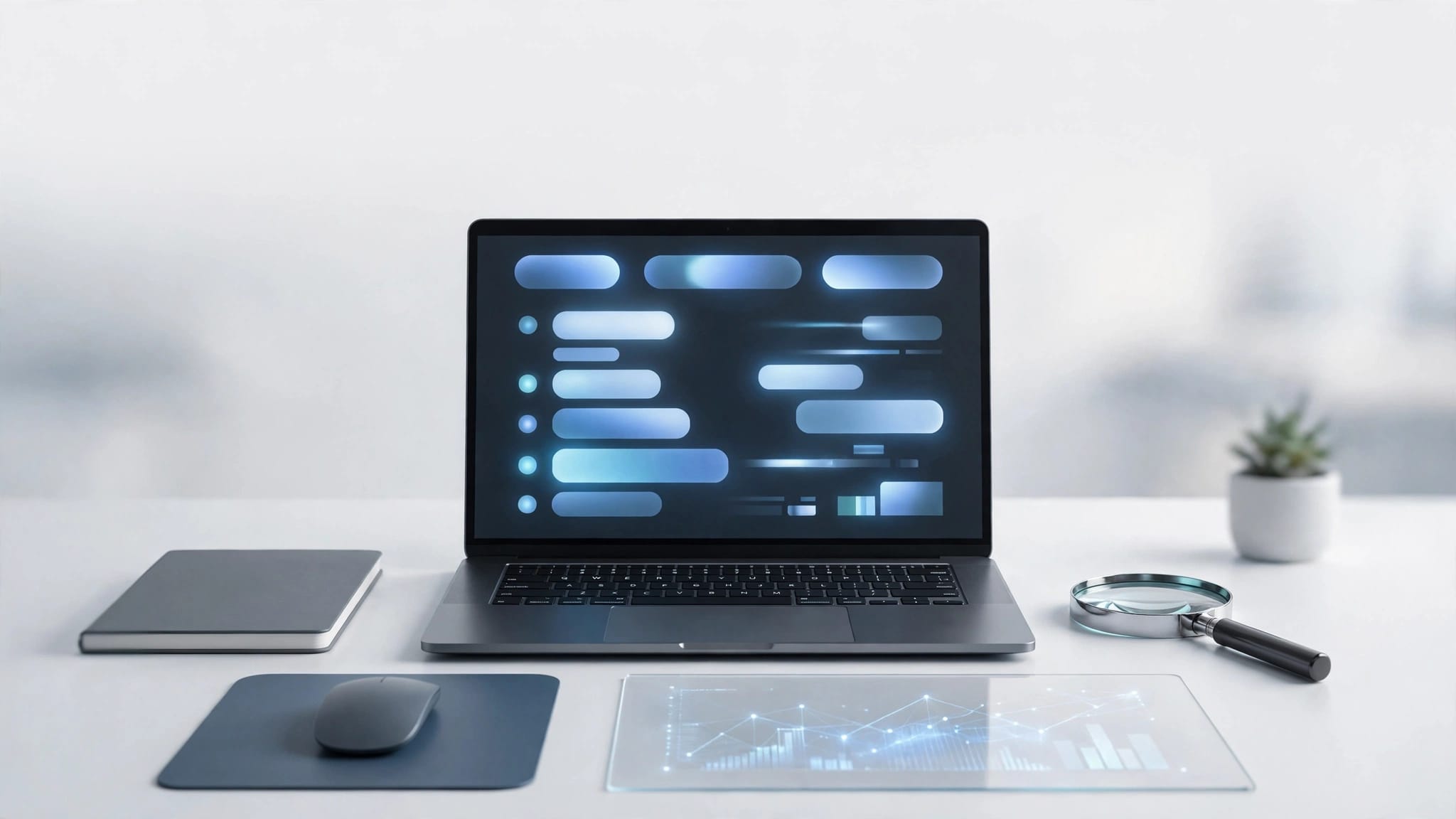 A laptop surrounded by abstract search cards, browser tabs, title blocks, and a magnifying glass.
