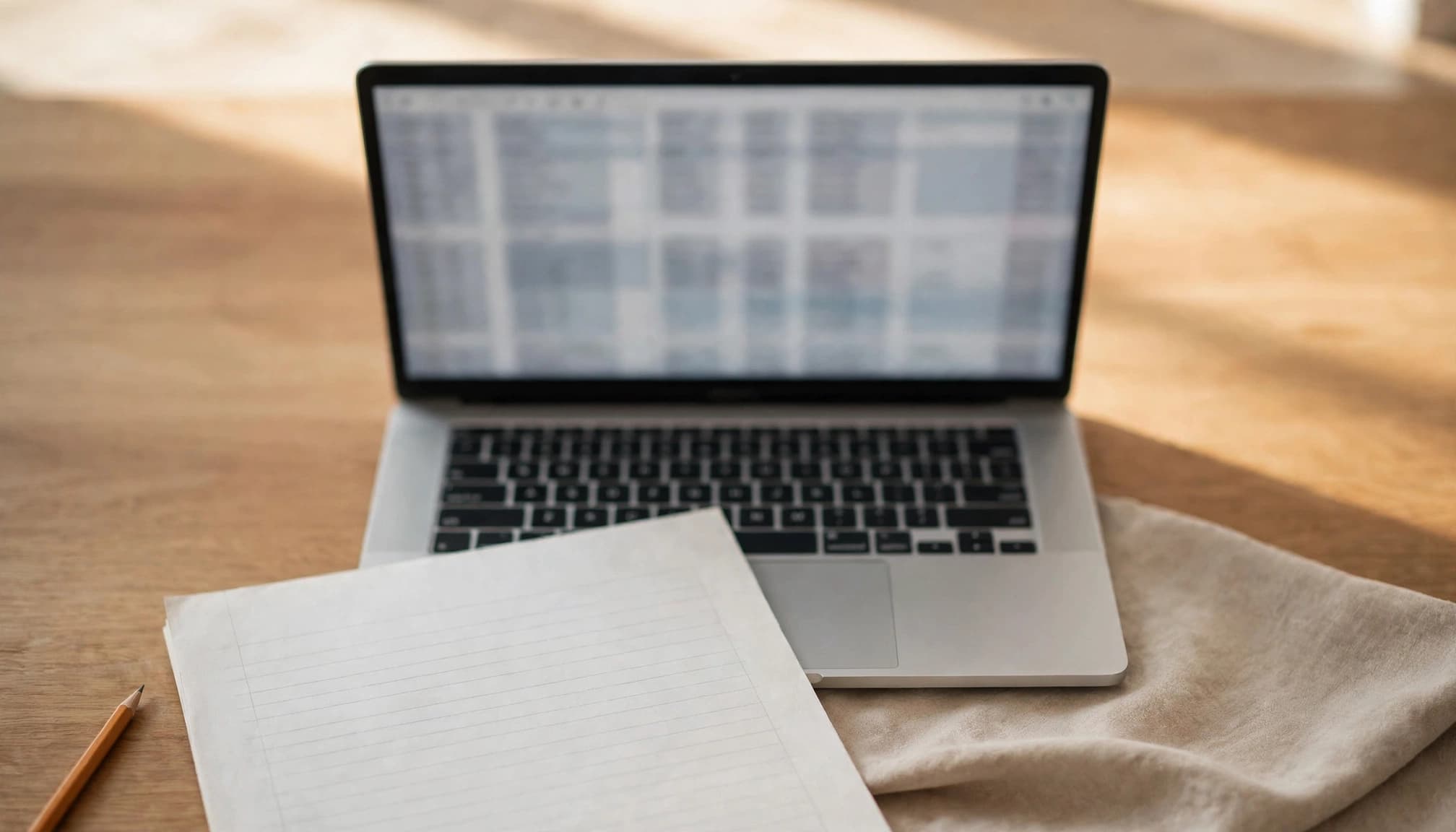 A laptop with a blurred spreadsheet sits beside a printed draft and pencil.